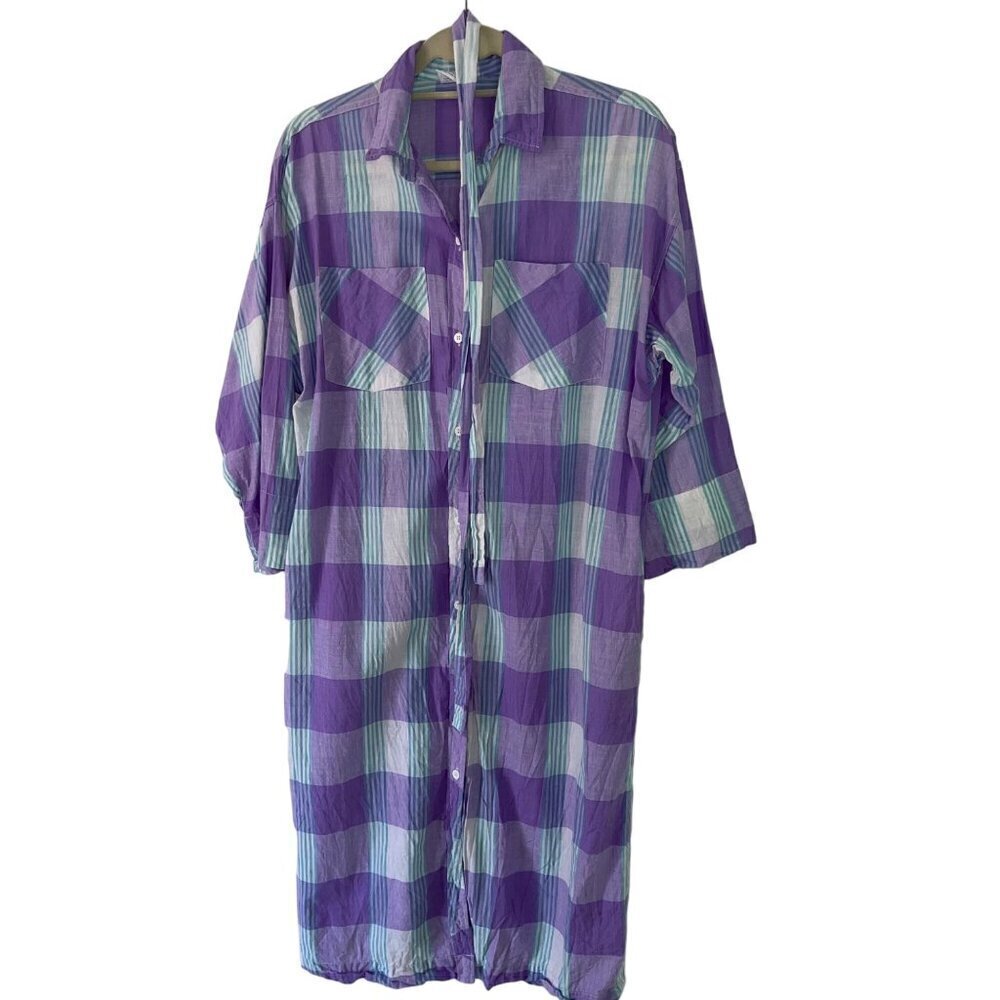 Chandni Vintage Womens Shirt Dress Size Medium Purple Plaid Belted Pure Cotton